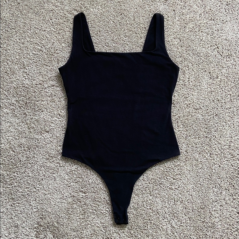 Quince • Stretch Cotton Jersey Square Neck Tank Bodysuit Black